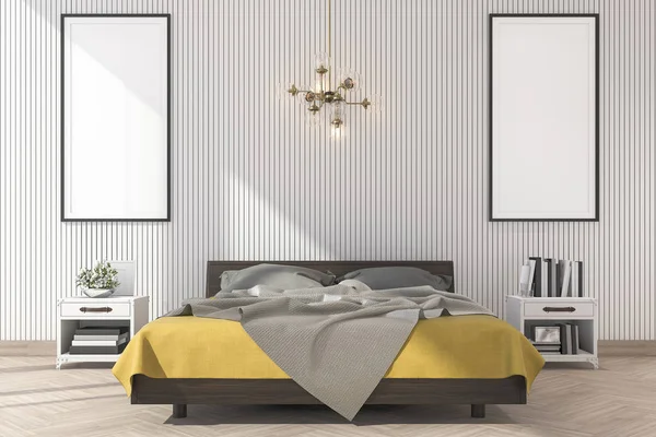 3d rendendo minimo letto giallo con struttura mock up in camera da letto — Foto Stock