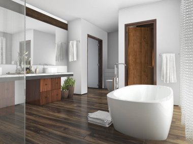 3D render ahşap ve karo banyo penceresi bir perde yakınındaki tasarım
