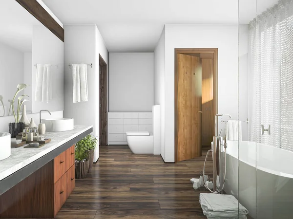 3D rendering hout en tegel design badkamer in de buurt van venster een gordijn — Stockfoto