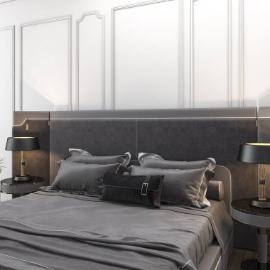 3D render kahverengi bitki ile klasik yatak odası klasik yatakta