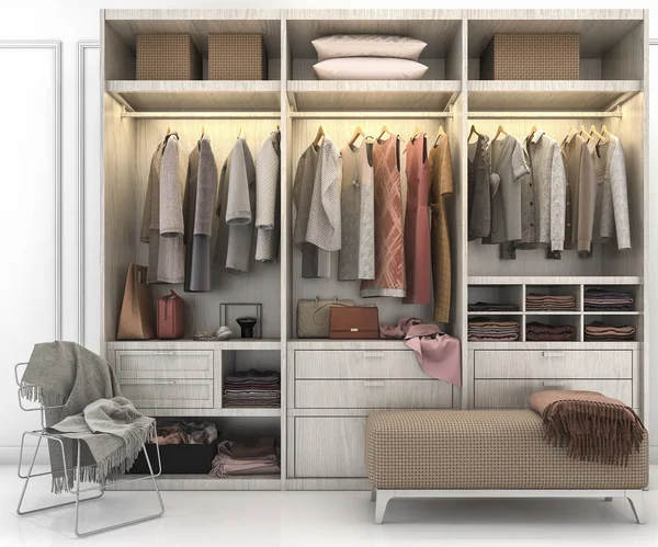 3d rendering minimal scandinavian wood walk in closet with wardrobe — Stock Photo, Image