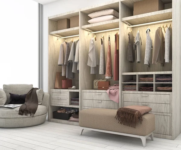 3D render en az İskandinav ahşap dolap dolap ile yürümek