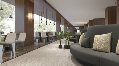 3D render lüks otel Resepsiyon ve lounge Restoran