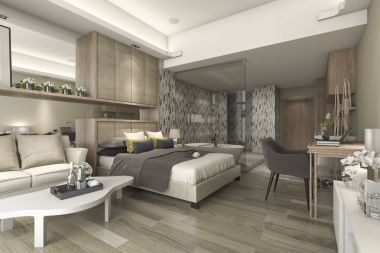3D render lüks suite otel yatak odası küvet ve sayaç çubuklu