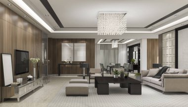 3D render lüks ve modern oturma odası avize