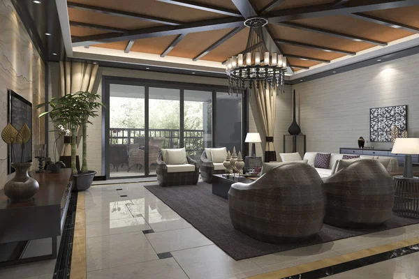 3D render tropikal tarzı resort suite yaşayan Resepsiyon ve lounge — Stok fotoğraf