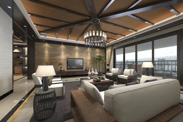 3d renderizado de estilo tropical resort suite sala de recepción y salón —  Fotos de Stock