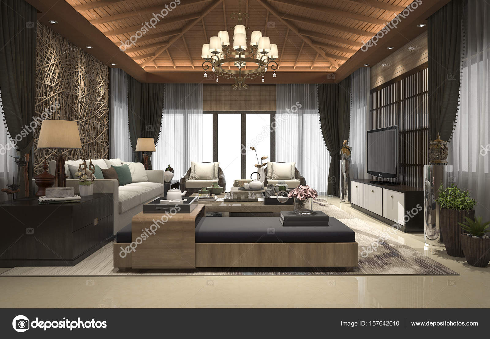 3d Rendering Tropical Style Resort Suite Living Reception