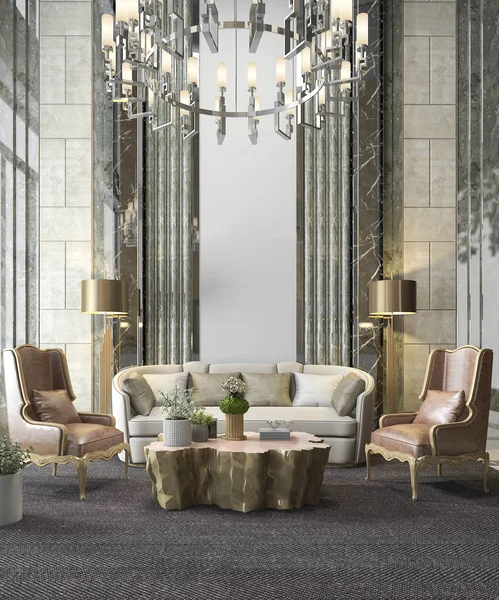 3D-weergave klassieke luxe woonkamer met kroonluchter en decor — Stockfoto