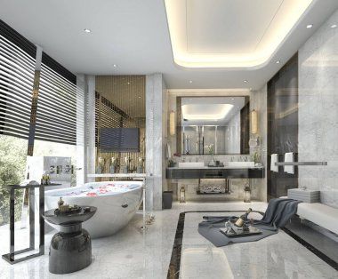 3D işleme modern ve lüks bir banyo ve tuvalet