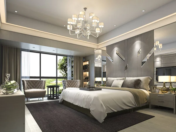 3D แสดงห้องนอนสมัยใหม่หรูหราในโรงแรม — ภาพถ่ายสต็อก