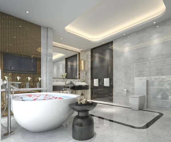 3D işleme modern ve lüks bir banyo ve tuvalet