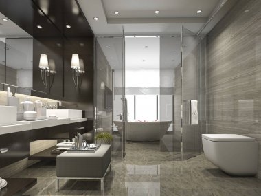 3D işleme modern ve lüks bir banyo ve tuvalet