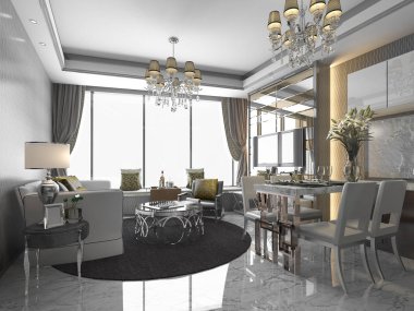 3D rendering lüks ve modern oturma odası ve yemek odası