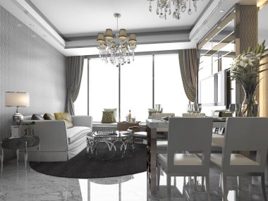 3D rendering lüks ve modern oturma odası ve yemek odası