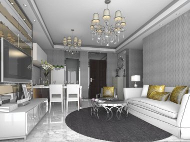 3D rendering lüks ve modern oturma odası ve yemek odası