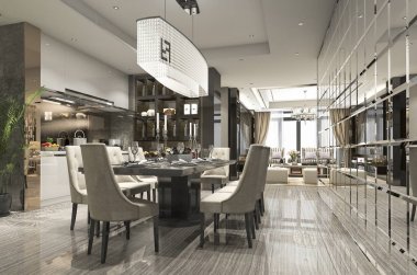 3D rendering lüks ve modern restoran ve bölge yemek