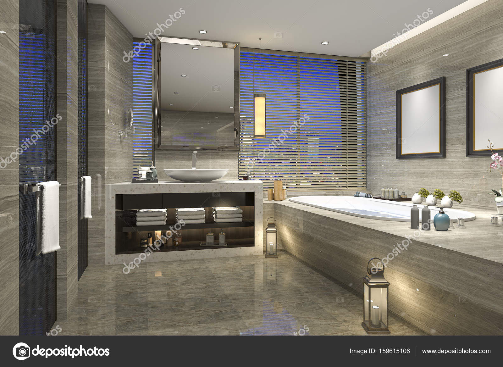 Cuartos de baño de lujo modernos | 3D Render noche vista cuarto de ... Cuartos de baño de lujo modernos | 3D Render noche vista cuarto de ...