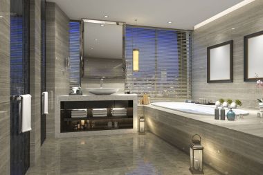 3D render gece görünümü banyo modern lüks tasarım
