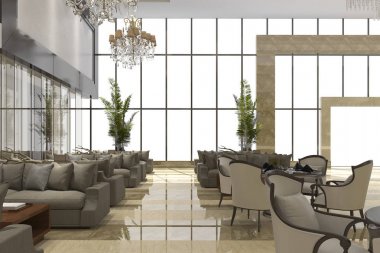 3D render lüks otel Resepsiyon ve lounge Restoran