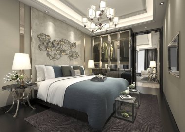 3D render lüks modern yatak odalı Süit otel ile dolap dolap yürümek