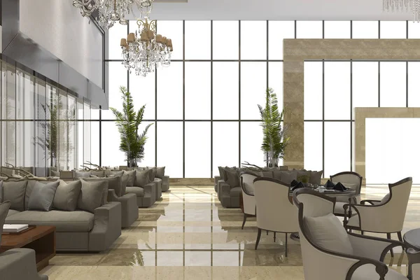 3D rendering πολυτελές ξενοδοχείο ρεσεψιόν και lounge εστιατόριο — Φωτογραφία Αρχείου