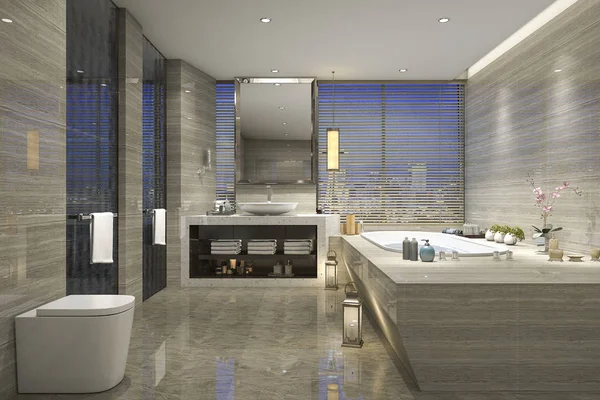 3d rendering moderno bagno classico con arredamento in piastrelle di lusso con bella vista sulla natura dalla finestra — Foto Stock