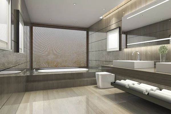 3d renderizado moderno baño clásico con decoración de azulejos de lujo con buena vista de la naturaleza desde la ventana — Foto de Stock