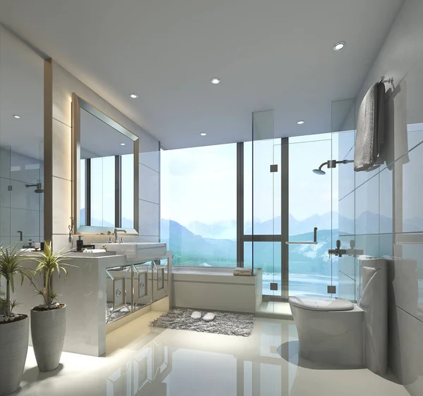 3d renderizado moderno baño clásico con decoración de azulejos de lujo con buena vista de la naturaleza desde la ventana —  Fotos de Stock
