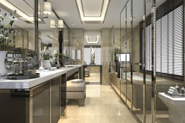 3D render klasik banyo lüks döşeme dekor penceresinden güzel manzaralı