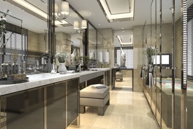 3D render klasik banyo lüks döşeme dekor penceresinden güzel manzaralı