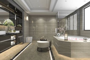 3D render klasik banyo lüks döşeme dekor penceresinden güzel manzaralı