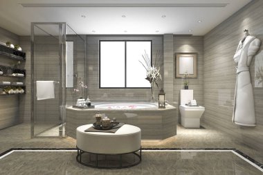 3D render klasik banyo lüks döşeme dekor penceresinden güzel manzaralı