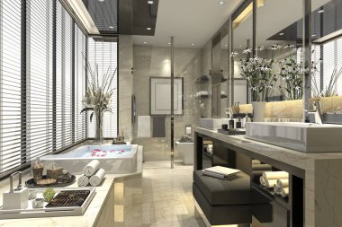 3D render klasik banyo lüks döşeme dekor penceresinden güzel manzaralı