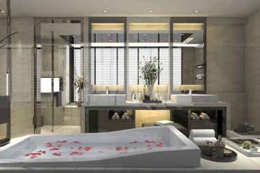 3D render klasik banyo lüks döşeme dekor penceresinden güzel manzaralı