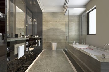 3D render klasik banyo lüks döşeme dekor penceresinden güzel manzaralı