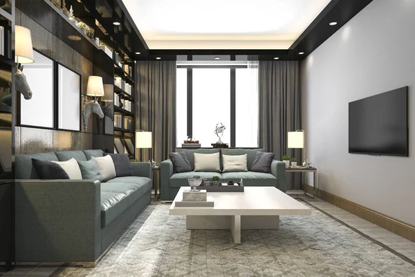 3D rendering loft lyxiga vardagsrum med bokhylla och bibliotek med tv — Stockfoto