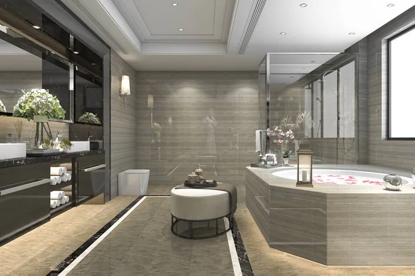 3D rendering modern klasszikus fürdőszoba luxus csempe dekor, szép kilátás a ablak — Stock Fotó