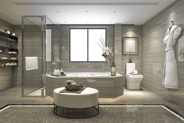 3d rendering modern classic bathroom with luxury tile decor with nice view from window — Stock Photo, Image