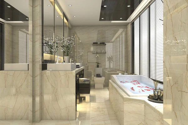 3D render klasik banyo lüks döşeme dekor penceresinden güzel manzaralı