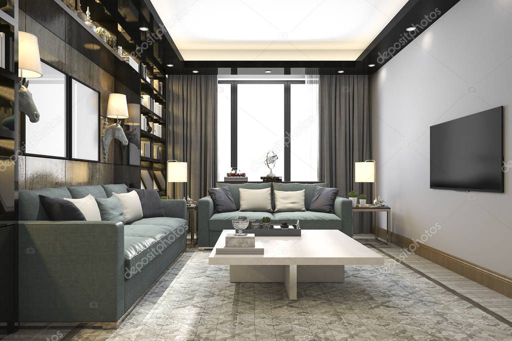 3d rendering loft luxury living room with bookshelf and library with tv
