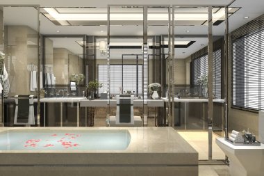 3D işleme modern loft Küvetli lüks döşeme dekor penceresinden güzel manzaralı