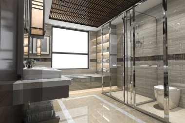 3D işleme modern loft Küvetli lüks döşeme dekor penceresinden güzel manzaralı