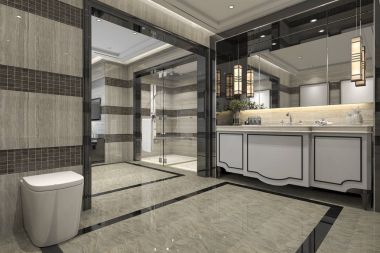 3D işleme modern loft Küvetli lüks döşeme dekor penceresinden güzel manzaralı