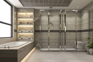 3D işleme modern loft Küvetli lüks döşeme dekor penceresinden güzel manzaralı