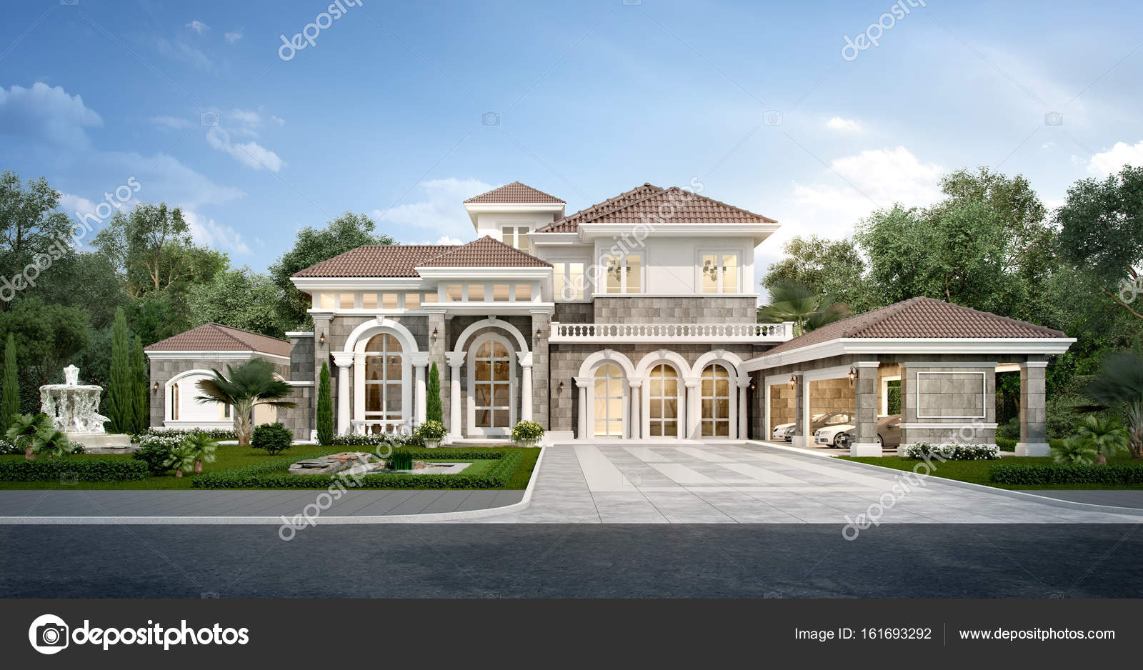Casa classico moderno rendering 3d con giardino di design di lusso ... Giardini di lusso