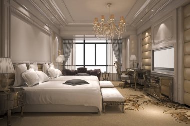 3D render lüks modern yatak odalı Süit otel altın dekor ile