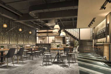 3 boyutlu çatı katı ve lüks otel resepsiyonu ve kafe restoranı.