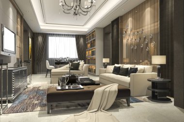 3D render lüks ve modern oturma odası avize