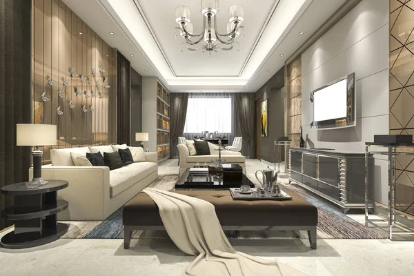 3D render lüks ve modern oturma odası avize